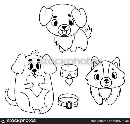 Cute pets. Dog with heart, funny puppies and collars. Vector illustration. Isolated outline drawings for design and decor