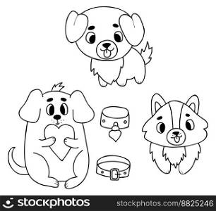 Cute pets. Dog with heart, funny puppies and collars. Vector illustration. Isolated outline drawings for design and decor