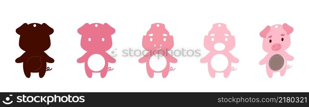 Cute pig candy ornament. Layered paper decoration treat holder for dome. Hanger for sweets, candy for birthday, baby shower, halloween, christmas. Print, cut out, glue. Vector stock illustration