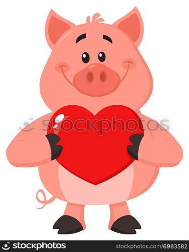 Cute Pig Cartoon Character Holding A Valentine Love Heart. Vector Illustration Flat Design Isolated On White Background