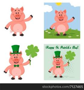 Cute Pig Cartoon Character Set 1. Flat Vector Collection Isolated On White Background