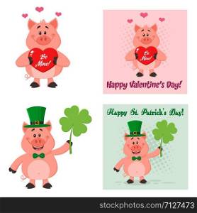 Cute Pig Cartoon Character Set 2. Flat Vector Collection Isolated On White Background