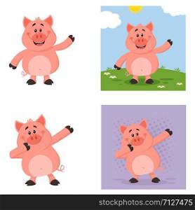 Cute Pig Cartoon Character Set 3. Flat Vector Collection Isolated On White Background