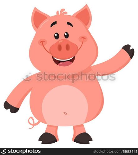 Cute Pig Cartoon Character Waving For Greeting. Vector Illustration Flat Design Isolated On Transparent Background