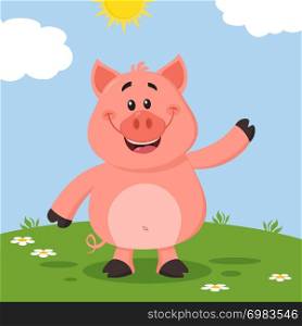 Cute Pig Cartoon Character Waving For Greeting. Vector Illustration Flat Design With Landscape Background