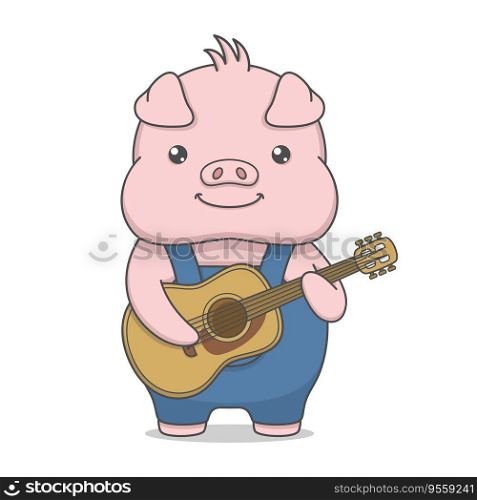 Cute Pig Character Playing Guitar