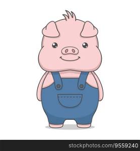 Cute Pig Character Wearing Overalls