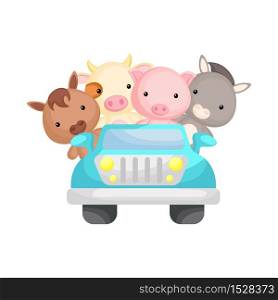 Cute pig, cow, donkey and horse travel in car. Graphic element for childrens book, album, scrapbook, postcard or mobile game. Zoo theme. Flat vector illustration isolated on white background.