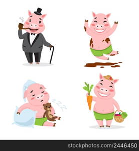 Cute pig enjoying different actions. Cartoon character set. Smoking pipe, rolling in mud, sleeping, harvesting Vector illustration can be used for kindergarten, elementary school education