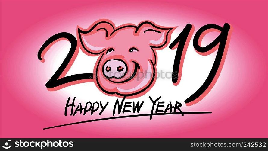 Cute Pig face vector silhouette - 2019 New Year symbol. On pink background.. Cute Pig face vector silhouette - 2019 New Year symbol