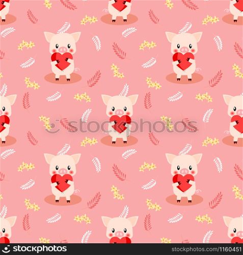 Cute pig hold a big heart seamless pattern. Lovely animal in Valentine concept.