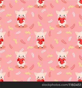 Cute pig hold a big heart seamless pattern. Lovely animal in Valentine concept.