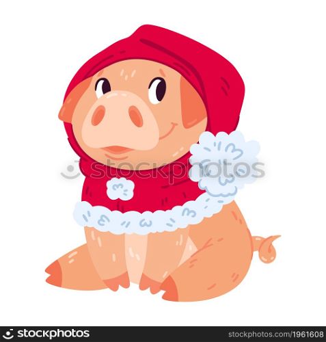 Cute pig in Christmas hat. New year piggy in red hood. Smiling farm animal. Colorful vector illustration isolated on white background.