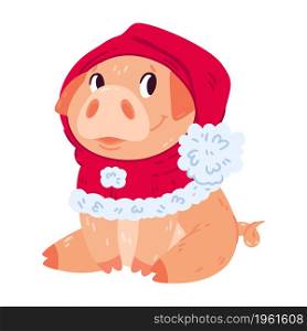 Cute pig in Christmas hat. New year piggy in red hood. Smiling farm animal. Colorful vector illustration isolated on white background.