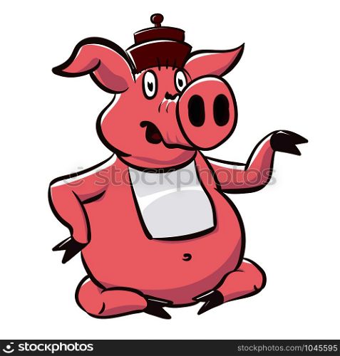 Cute pig in hat and bib shows a little teapot. Pink piggy cartoon character vector stock illustration. Cute pig in hat and bib shows a little teapot. Pink piggy cartoon character vector stock illustration.