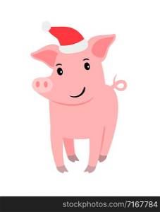 Cute pig in santa hat, standing, vector illustration on white background. Cute pig in santa hat
