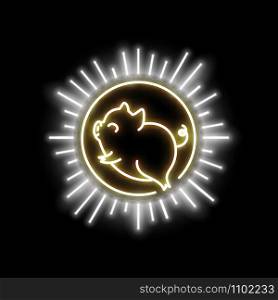 Cute pig neon logo, New year 2019 gold shiny glow design, chinese horoscope symbol, vector illustration