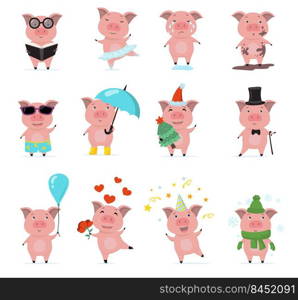 Cute piggy characters flat set for web design. Cartoon funny little pigs posing, reading, dancing and crying isolated vector illustration collection. Animals, actions and emotions concept