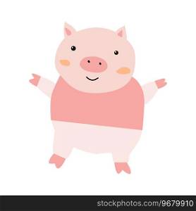 cute piggy in pink t-shirt cartoon character. Vector illustration for children clothes and prints. Usable as stiker, sublimation print, posters of scandinavian interior, greeting card and banner. . cute piggy in pink t-shirt cartoon character