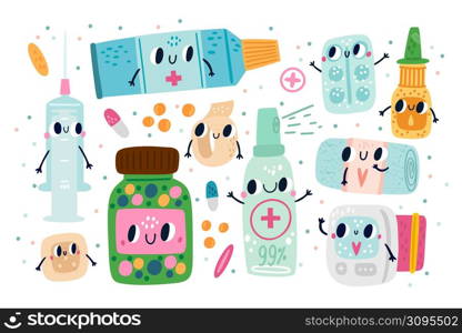 Cute pills characters. Funny pharmacy elements. Cartoon medicines with pretty faces and hands. Syringe and jars. Remedy bottles. Tonometer and bandages. Comic drugs. Vector pharmaceutical mascots set. Cute pills characters. Funny pharmacy elements. Cartoon medicines with pretty faces and hands. Syringe and remedy bottles. Tonometer and bandages. Vector pharmaceutical mascots set