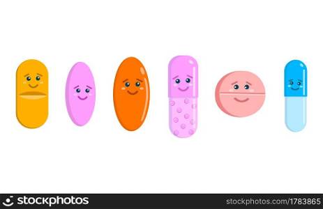 Cute pills characters isolated on white background. Set of tablets and capsules icons with funny faces. Medicine and healthcare for kids. Vector cartoon illustration.. Cute pills characters isolated on white background. Set of tablets and capsules icons with funny faces. Medicine and healthcare for kids. Vector cartoon illustration