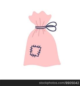 Cute pink bag with witchcraft herbs on a white background. Attributes for magic, witchcraft. Love potion. Hand drawn vector isolated single illustration.