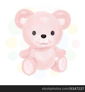 Cute Pink Bear Isolated on a White Colored Dotted Background. Hand Drawn Watercolor Artwork. Vector Illustration For Your Design. 