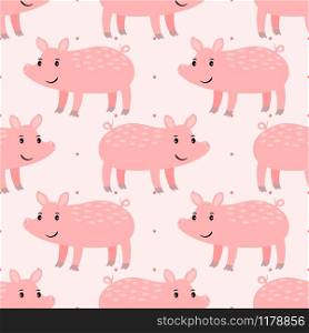 Cute pink cartoon pig seamless pattern, vector illustration. Cute pink pig seamless pattern