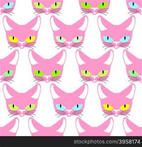 Cute pink cat with colored eyes seamless pattern. Vector background of animals. Texture of pet fabric&#xA;