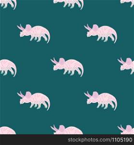 Cute pink dinosaur simple seamless pattern on teal. Adorable wild animal repeat ornaments. Colored vector illustration in flat cartoon style.. Cute pink dinosaur simple seamless pattern on teal.