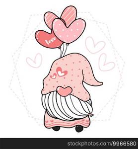 cute pink gnome holding heart balloons, Valentine day clip art