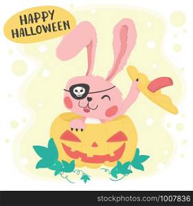 Cute pink happy bunny rabbit in yellow pumkin, flat vector cute animal cartoon, happy halloween
