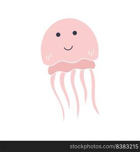 Cute pink jellyfish baby character isolated vector on white background. Underwater inhabitant decorate kids things. Sea animal doodle style