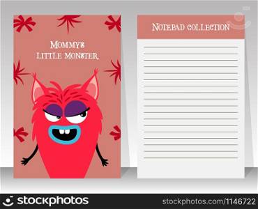 Cute pink notebook template for kids with girl red monster, vector illustration. Cute pink notebook with girl monster