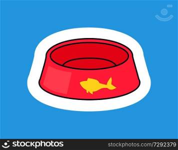 Cute pink oval bowl for pets with golden silhouette of fish on it, white framing, multicolored vector illustration isolated on bright blue background. Card with Pink Bowl For Pets Vector Illustration