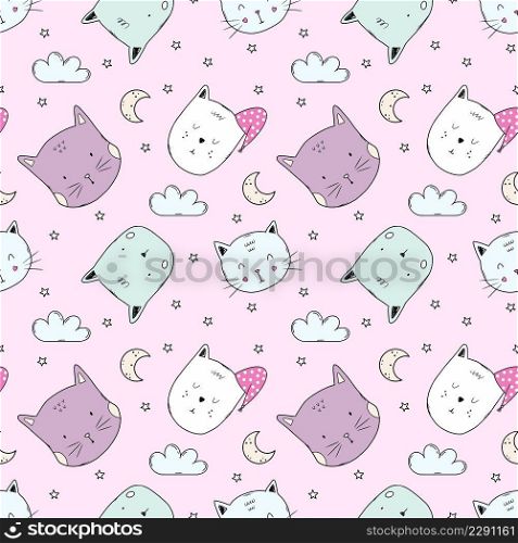 Cute pink pattern with funny kittens. Seamless background for sewing children  clothing. Printing on fabric and packaging paper.