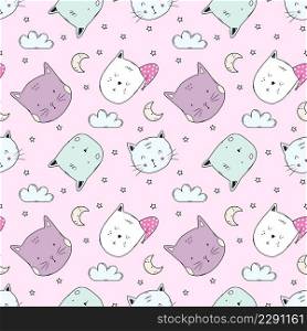 Cute pink pattern with funny kittens. Seamless background for sewing children  clothing. Printing on fabric and packaging paper.