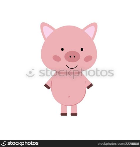 Cute pink pig isolated on white background. Vector flat illustration with a hero for children’s books, sewing clothes, educational cards. Single element for sticker design  Pet