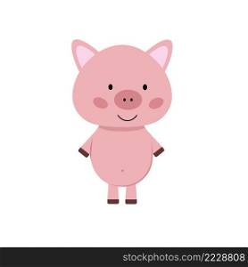 Cute pink pig isolated on white background. Vector flat illustration with a hero for children&rsquo;s books, sewing clothes, educational cards. Single element for sticker design Pet