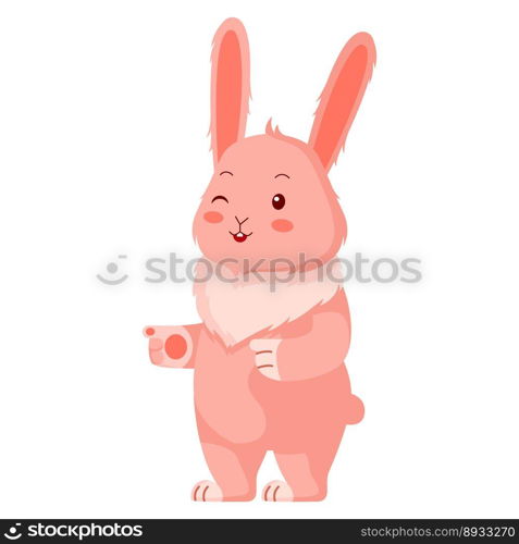 Cute pink rabbit. Cartoon character flirting. Design of funny animals sticker for showing emotion. Vector illustration. Cute pink rabbit. Cartoon character flirting.