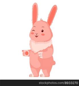 Cute pink rabbit. Cartoon character flirting. Design of funny animals sticker for showing emotion. Vector illustration. Cute pink rabbit. Cartoon character flirting.