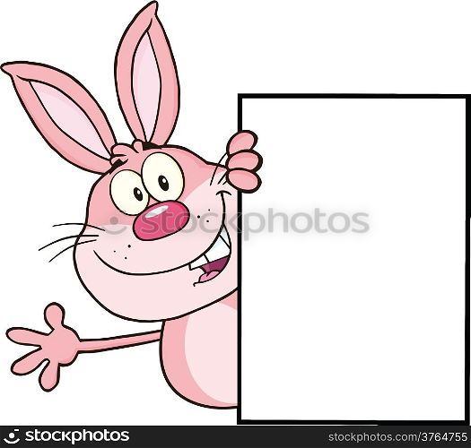 Cute Pink Rabbit Cartoon Character Looking Around A Blank Sign And Waving