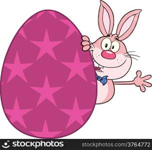 Cute Pink Rabbit Cartoon Character Waving Behind Easter Egg