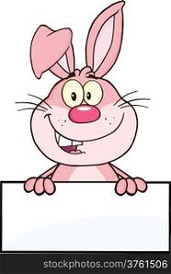Cute Pink Rabbit Cartoon Mascot Character Over Blank Sign