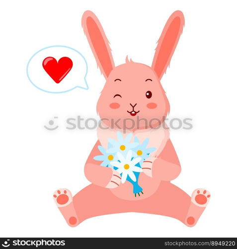 Cute pink rabbit with a bouquet of daisies and a heart. Design of funny animals sticker for showing emotion. Vector illustration. Cute pink rabbit with a bouquet of daisies and a heart.