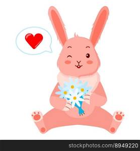 Cute pink rabbit with a bouquet of daisies and a heart. Design of funny animals sticker for showing emotion. Vector illustration. Cute pink rabbit with a bouquet of daisies and a heart.