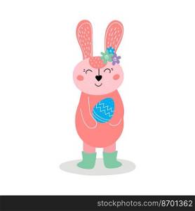  Cute pink rabbit with an Easter egg in his hands. The Easter bunny. Design for Easter. Flat cartoon vector illustration.  Cute pink rabbit with an Easter egg in his hands. The Easter bunny.