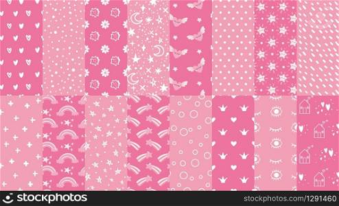 Cute pink seamless patterns. Hand drawn hearts, stars pattern for little baby girl and dots texture for fabric print vector set. Seamless background pattern, baby fabric, girly pastel illustration. Cute pink seamless patterns. Hand drawn hearts, stars pattern for little baby girl and dots texture for fabric print vector set