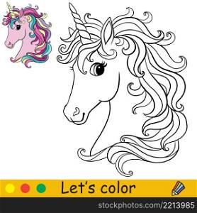 Cute pink unicorn head. Coloring book page with color template. Vector cartoon illustration. For kids coloring, card, print, design, decor and puzzle.