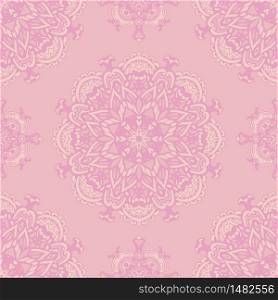 Cute pink vector seamless mandala flower pattern background. Vintage doodle floral surface design. Cute pink vector seamless mandala flower pattern